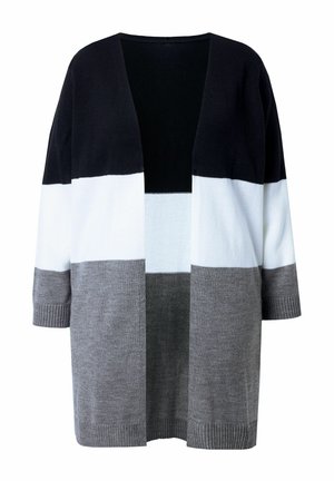 Cardigan aperto in maglia con maniche lunghe, caratterizzato da ampi blocchi di colore orizzontali in nero, bianco e grigio.