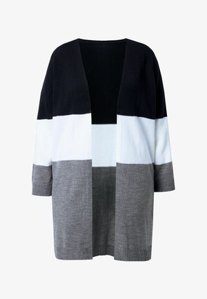Rozpinany kardigan z dzianiny z długimi rękawami, zdobiony szerokimi poziomymi pasami w kolorach czarnym, białym i szarym.