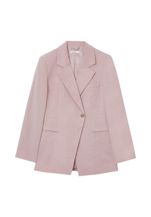 Heller pink Blazer aus strukturiertem Stoff, mit einem einzelnen goldfarbenen Knopf, Reverskragen und Vordertaschen. Taillierte Passform mit langen Ärmeln.