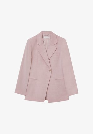 Blazer rose clair en tissu texturé, doté d'un bouton doré, de revers crantés et de poches frontales. Coupe ajustée avec des manches longues.