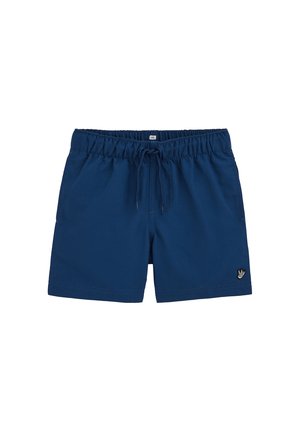 Meeste tumesinised ujumispüksid, millel on elastne vööümbris, reguleeritav pael, küljetaskud ning vasakul jalal väike must-valge linnu logo.