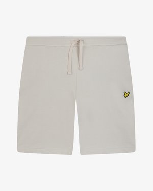 Hellgraue Baumwollshorts mit elastischem Bund und Kordelzug. Auf der linken Seite befindet sich ein kleines gelbes Logo. Glatte Textur.