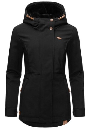 Black women's winter coat with hood, front snap buttons, zip pockets, and decorative brown accents on cuffs and hood drawstrings.