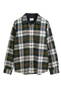 Koszula flanelowa w kratę, z zielonymi, białymi i pomarańczowymi kratkami, dwoma przednimi kieszeniami, kołnierzykiem i zapięciem na guziki. Miękki, teksturowany materiał.