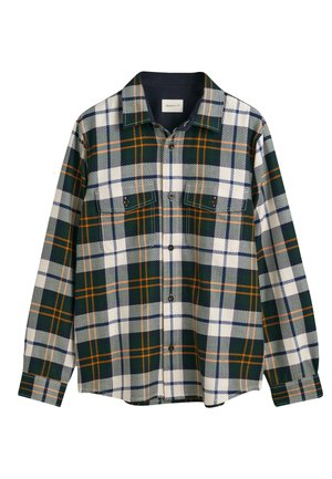 Ruudullinen flanellipaita, jossa on vihreitä, valkoisia ja oransseja ruutuja, kaksi etutaskua, kaulus ja napitus. Pehmeä, teksturoitu kangas.