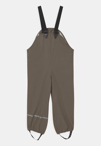 Bruna vattentäta overaller gjorda av flexibelt material. Har justerbara svarta remmar, elastiska ärmslut och reflexdetaljer på nederbenen.