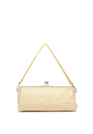 Pochette rettangolare con motivo giallo e bianco, chiusura kiss-lock e tracolla gialla abbinata.