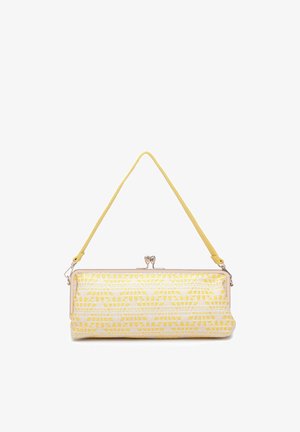 Pochette rectangulaire à motif jaune et blanc avec fermeture kiss-lock et bandoulière jaune assortie.