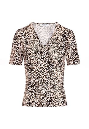 Haut à manches courtes et col en V avec motif léopard beige et noir par Morgan.
