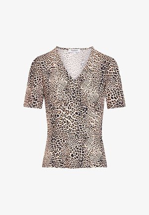 Haut à manches courtes et col en V avec motif léopard beige et noir par Morgan.