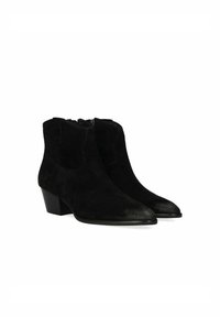 Bottes de cheville en daim noir avec des embouts pointus, des talons blocs bas et des fermetures éclairs sur le côté. Texture lisse avec une finition mate.