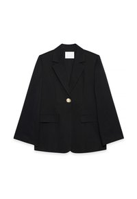 Black blazer with a structured design, lapel collar, two front pockets, and a single gold button fastening. Fabric appears smooth and sleek.