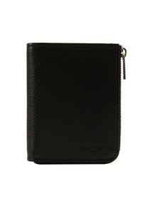Black leather wallet with a textured surface, compact rectangular shape, and zip closure. Features subtle branding on the front.