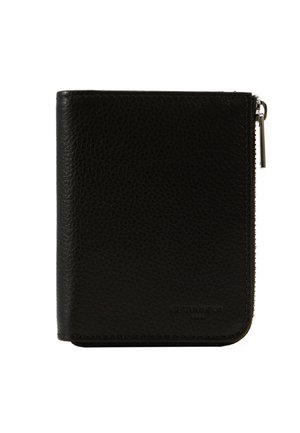 Schwarze Lederbörse mit strukturierter Oberfläche, kompaktem rechteckigen Design und Reißverschluss. Besitzt dezente Markierung auf der Vorderseite.