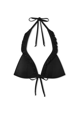 Czarny top bikini z trójkątnymi miseczkami, falbankami na brzegach oraz zawiązywaniem na szyi i plecach. Wykonany z gładkiego materiału. Prosty i minimalistyczny design.