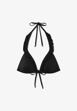 Czarny top bikini z trójkątnymi miseczkami, falbankami na brzegach oraz zawiązywaniem na szyi i plecach. Wykonany z gładkiego materiału. Prosty i minimalistyczny design.