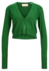Zielony krótki kardigan wykonany z miękkiej dzianiny, z dekoltem w serek, długimi rękawami oraz rzędem dopasowanych guzików z przodu.