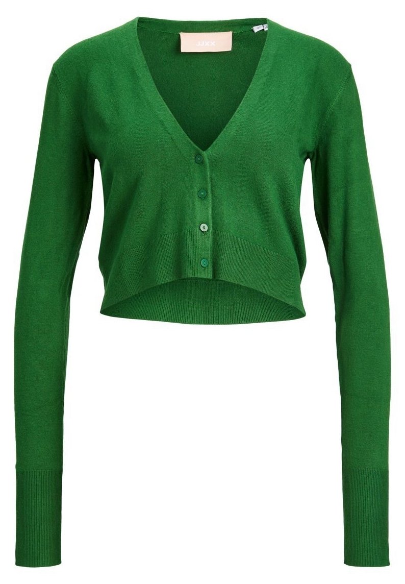 Zielony krótki kardigan wykonany z miękkiej dzianiny, z dekoltem w serek, długimi rękawami oraz rzędem dopasowanych guzików z przodu.