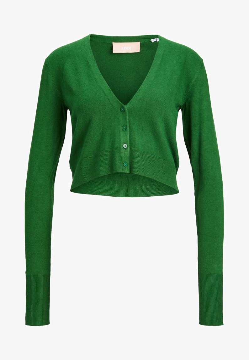 Zielony krótki kardigan wykonany z miękkiej dzianiny, z dekoltem w serek, długimi rękawami oraz rzędem dopasowanych guzików z przodu.