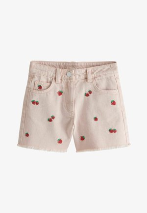 Rózsaszín farmer rövidnadrág rojtos szegéllyel, vörös és zöld színű szórt eperhímzéssel, öt zsebbel és elöl gombos záródással.