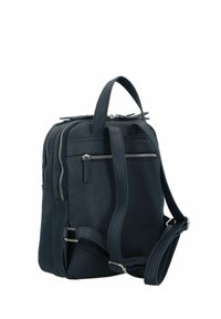 Sac à dos en cuir marine avec finition texturée, plusieurs zippers, bretelles ajustables et poignées supérieures. Forme compacte avec poches latérales.