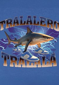 Grafika przedstawiająca rekina w niebiesko-białych trampkach, na tle niebieskim z błyskawicami i wyrazistym tekstem.