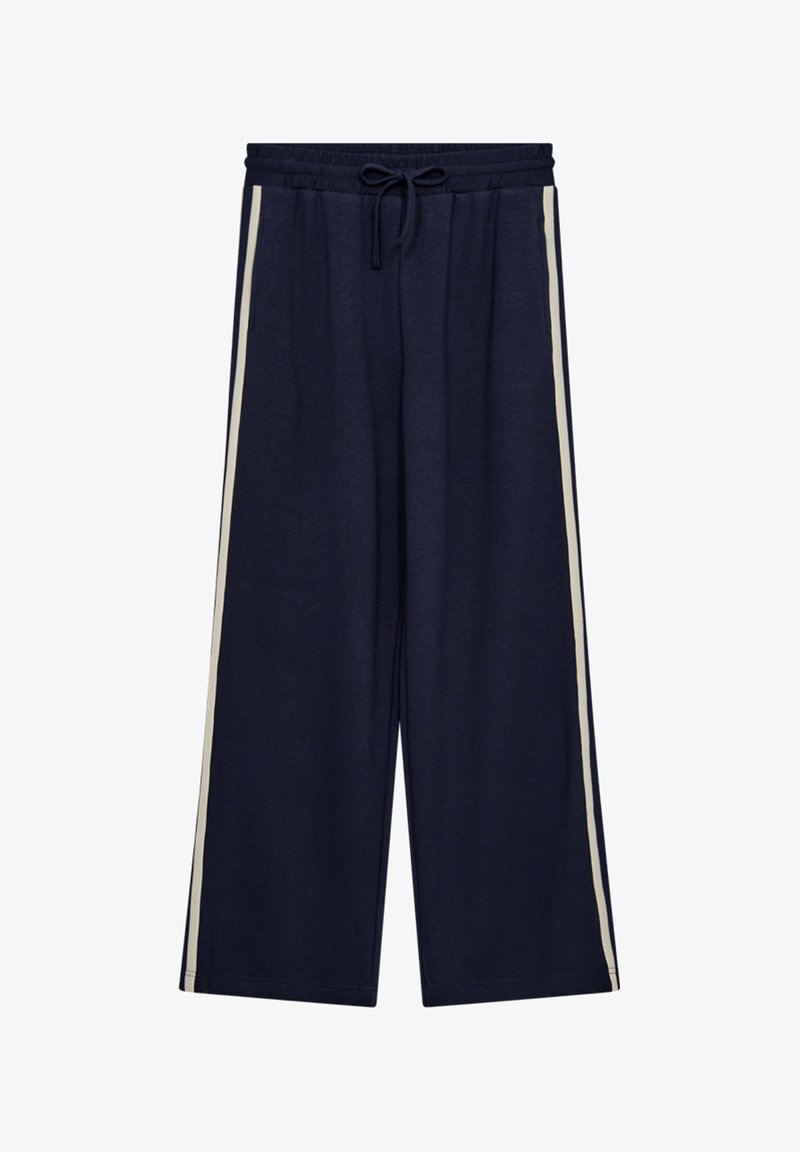 Marineblauwe wijde broek met een elastische tailleband, trekkoord en crèmekleurige strepen aan de zijkant. Gemaakt van zacht, lichtgewicht stof.