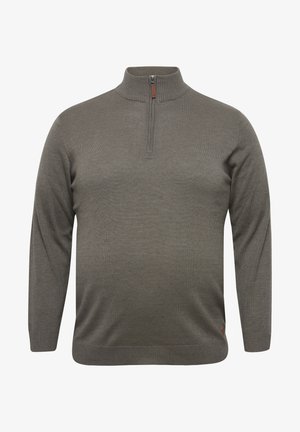 Szary sweter z dzianiny, z kołnierzem na pół-zamek, prążkowanymi mankietami i pasem; posiada mały brązowy logo na biodrze.