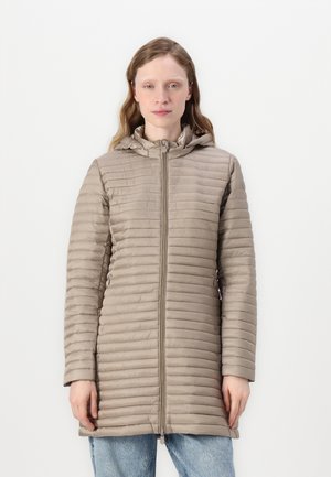 Beige, ritsjack, met capuchon en horizontale quilt. Beschikt over lange mouwen en een rechte snit, gemaakt van lichtgewicht, gestructureerd materiaal.