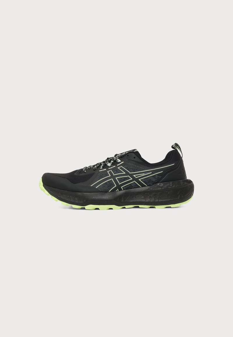 Black running shoe with light green accents, thick cushioned sole, branded side logo, and patterned laces on a plain background.
