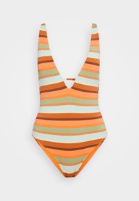 Striped one-piece swimsuit with a deep V-neck, featuring alternating orange, brown, and light blue colors. Smooth texture and high-cut legs.
