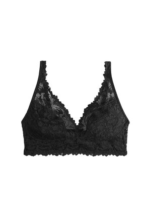 Mustast pitsist bralette skaalaliste servade, lillemustriga ja laia õlapaelaga, mis on disainitud mugavuseks ja stiiliks.