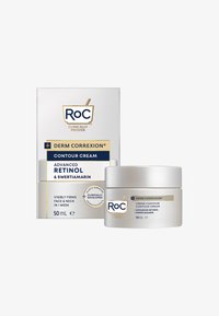 Crème Contour Roc Derm Correxion, 50 ml, dans un pot argenté avec des accents blancs et une boîte présentant un texte bleu et or, met en avant un rétinol avancé.