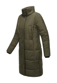 Olive green puffer coat with a high collar, quilted texture, and a chest pocket. Features black sleeve cuffs and a logo detail on the arm.