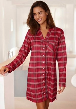 Red plaid pajama dress with a collar, long sleeves, and button closure. Features a chest pocket and smooth fabric texture.