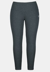 Grijze sportleggings met een aansluitend ontwerp, een gladde textuur, hoge tailleband en een klein logo op de zijkant.