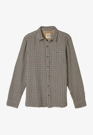 Brown and cream checkered shirt with long sleeves, classic collar, front pocket, and button-down closure. Wool blend fabric with textured pattern.