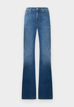 Blå denimflare jeans med hög midja, utrustade med framfickor, dragkedja och subtil blekning längs benen. Klassisk femficksdesign.
