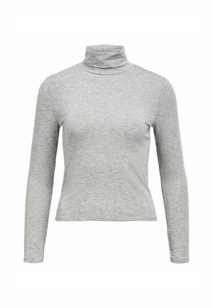 Haut à col roulé gris à manches longues en tissu doux et texturé, avec un design ajusté, un col haut et une finition sans couture.