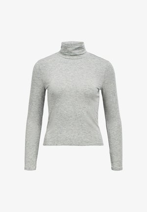 Haut à col roulé gris à manches longues en tissu doux et texturé, avec un design ajusté, un col haut et une finition sans couture.