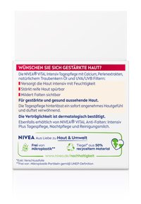 NIVEA VITAL day cream nourishes and strengthens mature skin with calcium, pearl extracts, grape seed oil, UVA/UVB filters, and is microplastic-free.