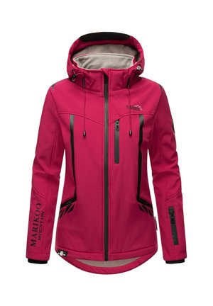 Rózsaszín kapucnis softshell dzseki elülső cipzárral, több cipzáras zsebbel, állítható húzózsinórral, valamint "Marikoo Mountain" márkázásával a karon és a mellkason.