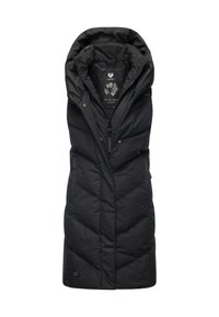 Schwarze isolierte Weste mit Kapuze, mit einem gesteppten Design, vertikalen und horizontalen Einsätzen sowie einem Reißverschluss. Innenetikett sichtbar.