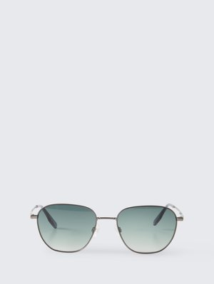 Square-shaped sunglasses with thin silver metal frames and gradient green lenses on a light gray background.