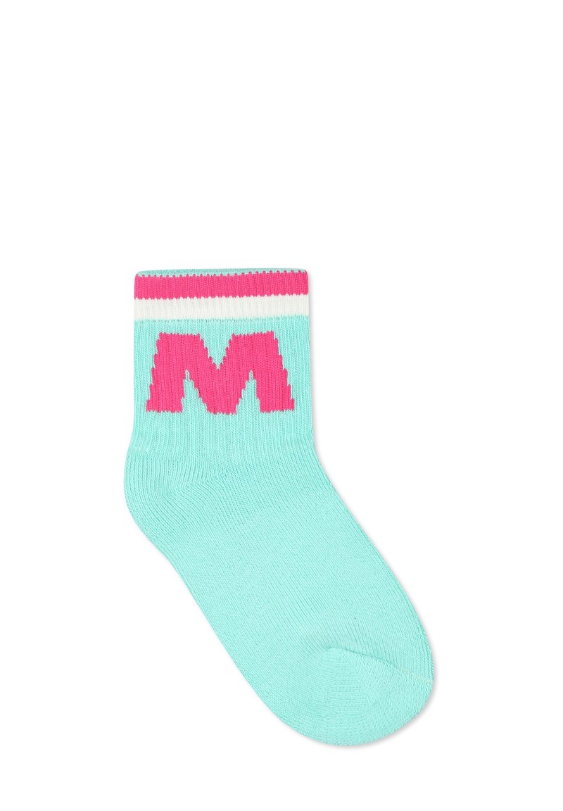 Calzino verde menta con risvolto a strisce rosa e bianche e grande design rosa con la lettera 'M' sulla parte anteriore. Realizzato in morbido tessuto lavorato a maglia.
