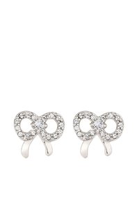 Sølvfarvede øreringe i en bueform, prydet med klare rhinestones, med løkker og haler for ekstra detalje. Blank finish.