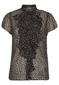 Blusa nera trasparente con maniche corte, caratterizzata da una parte anteriore arricciata e pois bianchi. Design con collare e chiusura a bottoni. Tessuto leggero.