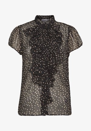 Fekete áttetsző blúz rövid ujjakkal, fodros elülső résszel és fehér pöttyökkel. Galléros kialakítás, gombos záródással. Könnyű anyag.