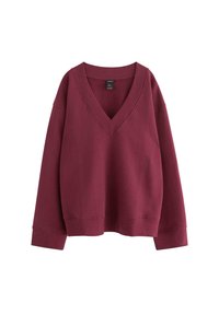 Burgundy sweatshirt, V-halsdesign, lång ärm, mjuk textur, ribbade manschetter och nederkant, avslappnad passform, enfärgad utan mönster eller detaljer.