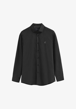 Black long-sleeve button-up shirt made of smooth fabric, featuring a classic collar, front buttons, and a small logo on the chest.